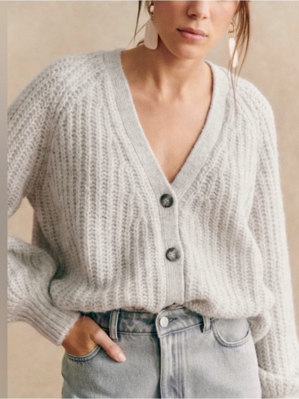 Sézane Basile Cardigan Sweater- Light Gray Chunky Knit Alpaca Blend Size XL
